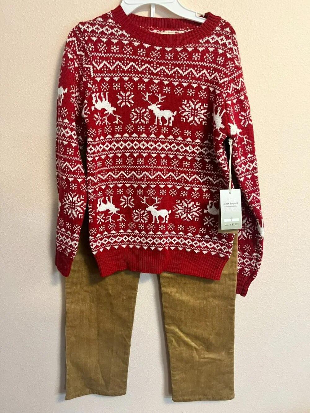 NWT Stitch & Stone Boys Size 12 Holiday Reindeer Fair Isle Sweater & Corduroy